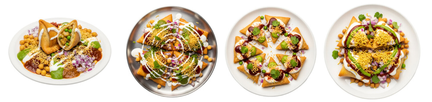 Four plates of samosa chaat with various toppings arranged in a row on a plain surface view from above on transparent background