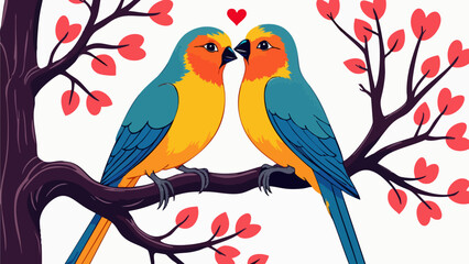 Vector Illustration of Love Birds Perched on a Branch with Heart Flowers