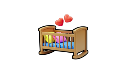 3D Baby Crib with Hearts and Pillows on transparent background