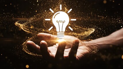 Creative idea concept with glowing light bulb above open hand surrounded by golden particles, bright energy symbol of innovation and inspiration, glowing bulb representing creativity and bright light - Powered by Adobe