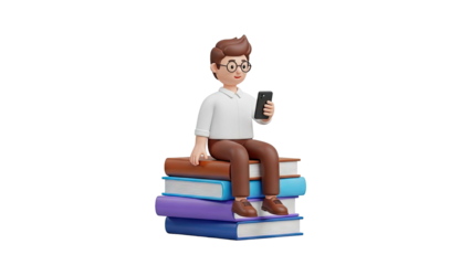 3D Cartoon Man Sitting on Stack of Books with Phone on transparent background