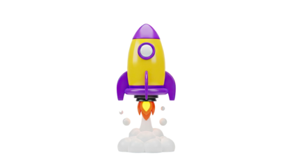 3D Cartoon Rocket Launching with Smoke and Fire on transparent background