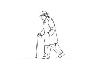 Elderly man walking with cane in stylish outfit