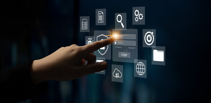 A person interacts with a touchscreen displaying a digital login interface, showcasing various icons related to cybersecurity and user authentication in a modern setting. Gantry - Powered by Adobe