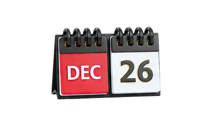 3D Desktop Calendar Showing December 26th on transparent background