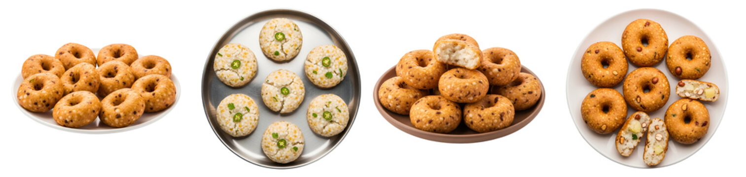 Assortment of vada dishes arranged on plates in a studio setting showcasing variety and presentation on transparent background