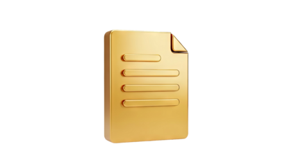 3D Golden document icon with text lines on transparent background