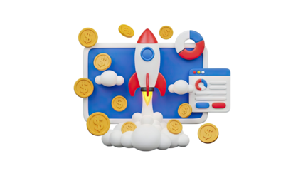 3D Rocket launch with coins and business charts on screen on transparent background
