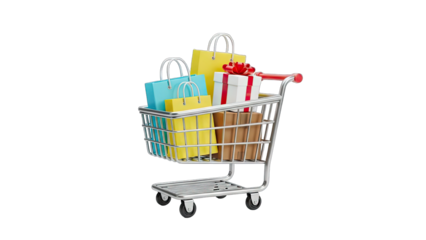 3D Shopping cart full of shopping bags and gift boxes on transparent background