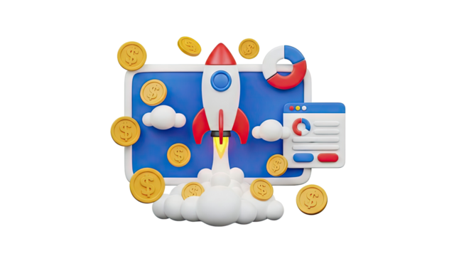 3D Rocket launch with coins and business charts on screen on transparent background - Powered by Adobe