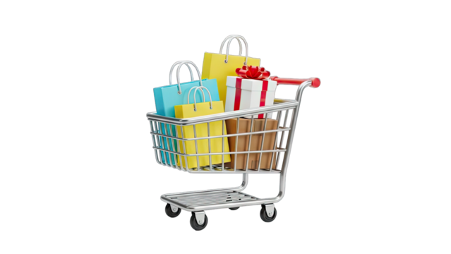 3D Shopping cart full of shopping bags and gift boxes on transparent background - Powered by Adobe