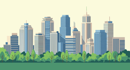 Fototapeta premium Modern city skyline with numerous tall skyscrapers and office buildings rising behind a lush green park with many trees.