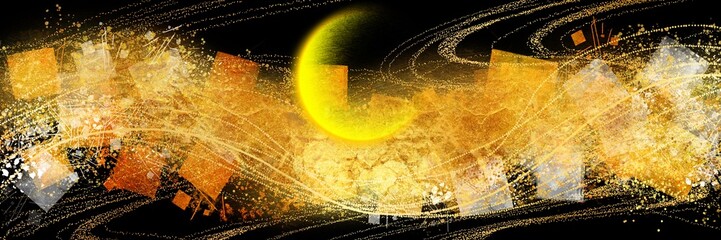 夜空の三日月背景と金銀砂子が輝く豪華,横長黒背景