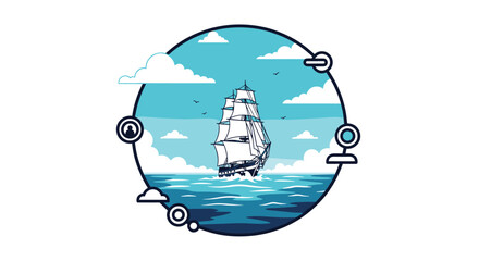 Majestic sailing ship on a calm sea under a partly cloudy sky, framed within a circle with various modern tech icons.