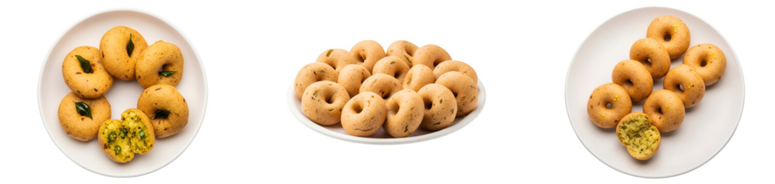 Medu vada arranged on white plates showcasing south indian cuisine and culinary presentation style on transparent background