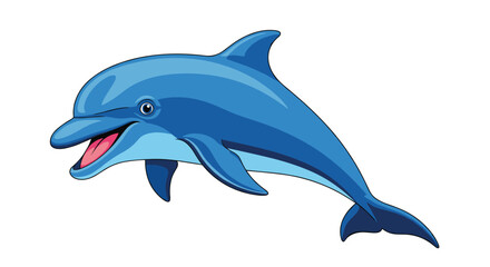 Obraz premium Brightly colored and cheerful cartoon dolphin with a wide, happy smile leaps gracefully on a clean white background.