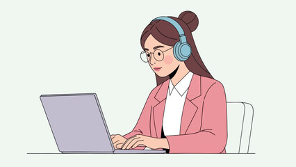 Young woman with headphones working on a laptop in a modern workspace