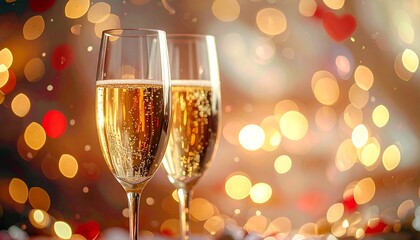 Two champagne flutes filled with bubbly liquid are featured in focus. Soft bokeh creates a festive background with hearts