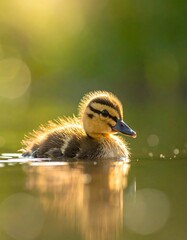 Close-up of adorable duckling swimming in reflective water
