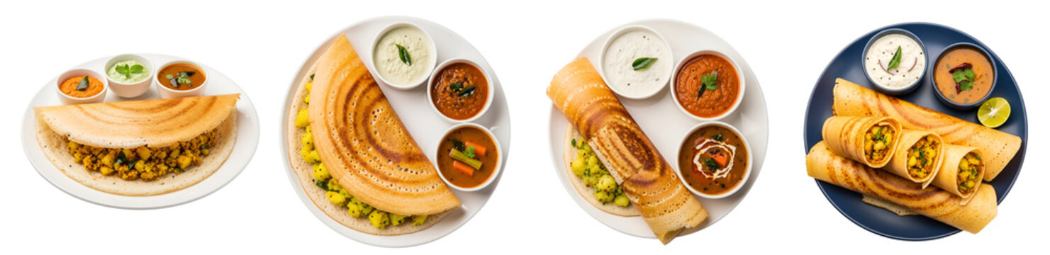 An assortment of dosa dishes served with chutneys and sambar displayed on plates for presentation on transparent background