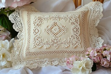 Beige pillow framed with ornate crochet, surrounded by white and pink flowers