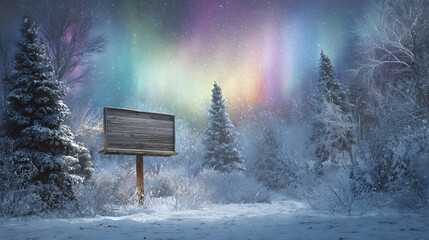 Festive yard sign mockup stuck in icy snow with northern lights in the sky
