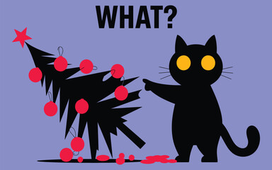 cute surprised cat after dropping Christmas tree with broken ornaments festive new year animal card vector for pet lovers holiday greetings and funny digital art. © CREATIVE MUNNA