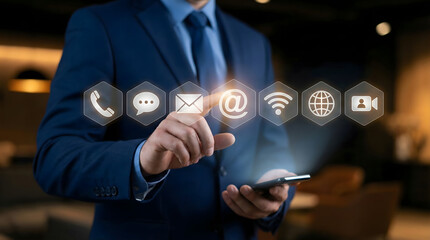 Businessman,holding,smartphone,interacting,with,communication,icons,such,as,email,chat,phone,calls,video,conferencing,and,wireless,internet,to,stay,connected,in,modern,office,settings