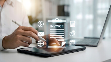 Close,up,of,hand,using,stylus,pen,on,tablet,to,process,digital,invoice,and,billing,management,system,business,finance,technology,concept,with,floating,icons,for,accounting,and,online,payment