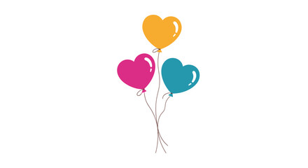Simple and cute illustration of three colorful heart-shaped balloons in yellow, pink, and blue, tied together with strings.