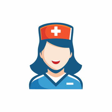 Smiling nurse character wears blue surgical scrub and red medical hat