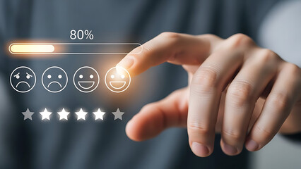 A businessman's hand uses a finger to touch a virtual screen button, symbolizing a successful technology solution for internet communication and data management in the future of online business