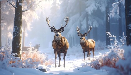 Two majestic stags, with impressive antlers, stand in a snow-covered forest, the scene bathed in soft sunlight