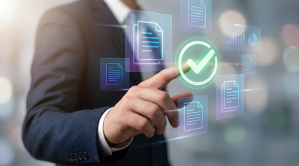 Businessman interacting with digital documents and a verified checkmark icon, representing approval and task completion in technology