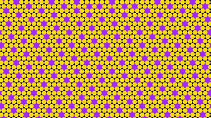 Seamless geometric polygon pattern with repeating star shapes in yellow, black, and purple. Bold abstract background inspired by optical and retro design, ideal for wallpaper, textiles, and prints.