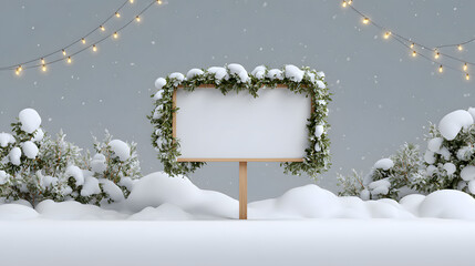 Festive yard sign mockup with holiday garlands on both sides and fluffy snow mounds