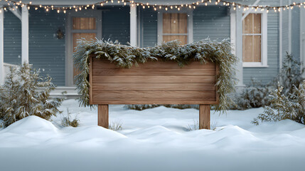 Festive yard sign mockup with holiday garlands on both sides and fluffy snow mounds