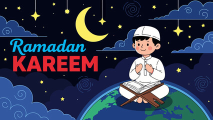 Fototapeta premium Cute cartoon illustration of a Muslim boy reading Quran on Earth under a starry night sky with crescent moon. Ramadan Kareem greeting card background for kids and education.