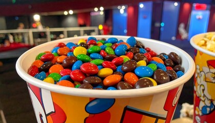 Close-up of colorful candies in a paper cup, cinema background