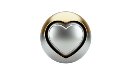 3D Abstract metallic heart shape with gold and silver finish on transparent background