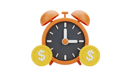 3D Alarm clock with dollar coins on transparent background