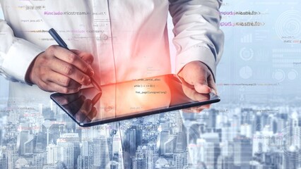 A professional man interacts with a digital tablet in a dynamic urban setting, representing innovation, technology, and the future of data analysis. Xenic