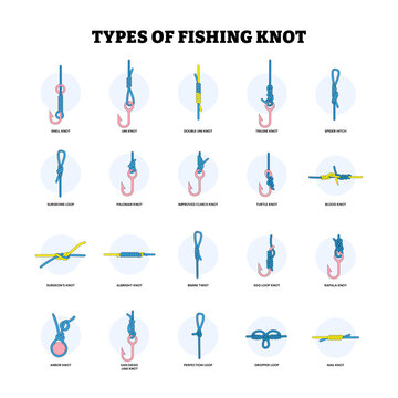 Different types of fishing knots types example  with various loops, twists and knots for fisherman or fish catching. Rope bonding style. Flat vector illustration.