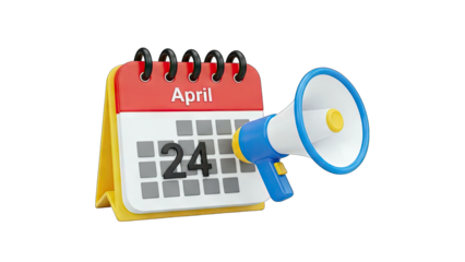 3D Calendar with Megaphone - April 24 on transparent background