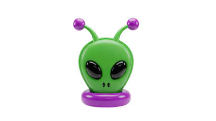 3D Cute cartoon alien head with antennae and purple base on transparent background