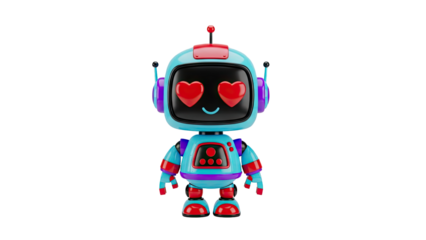 3D Cute cartoon robot with heart eyes on transparent background