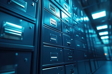 Rows of metallic filing cabinets with silver handles, illuminated in cool blue light