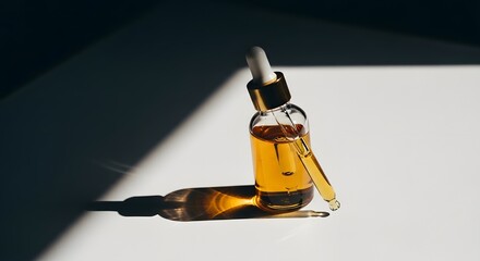 Glass Dropper Bottle with Amber Liquid on White Surface in Sunlight