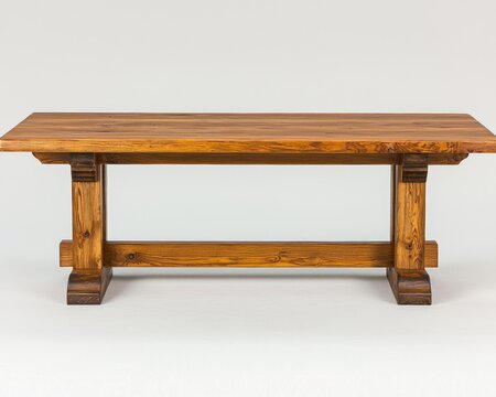 Rustic wooden table with trestle base, amber finish, against white background