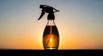 Spray Bottle with Liquid at Sunset